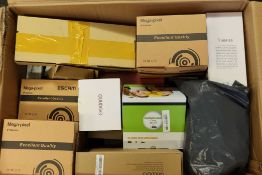 A box of assorted as new small electrical items and accessories.