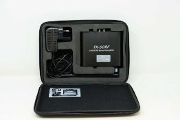 A pre-owned Talent TX-50RF Silent Disco 3 Channel Transmitter with power supply in carry case.