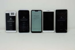 SOLD FOR PARTS: Five pre-owned Xiaomi smartphones (all FRP locked, some with damaged screen glass