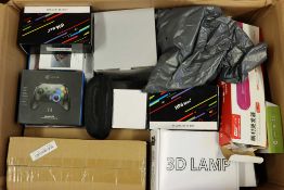 A box of assorted as new small electrical items and accessories.