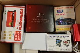 A box of assorted as new small electrical items and accessories.