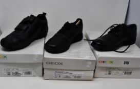 Three pairs of as new Geox footwear; Federico (UK 6), Noovae (UK 6) and Savage (UK 7).