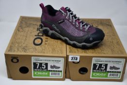 Two pairs of ladies boxed as new Oboz Firebrand II Low B-Dry waterproof walking shoes in lilac (UK