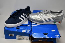 Two pairs of as new Adidas trainers; LA Trainer Buongiorno in silver (UK 8.5) and Basket Profi