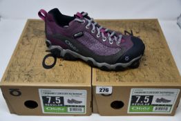 Two pairs of ladies boxed as new Oboz Firebrand II Low B-Dry waterproof walking shoes in lilac (UK