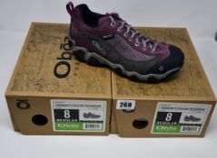 Two pairs of ladies boxed as new Oboz Firebrand II Low B-Dry waterproof walking shoes in lilac (UK