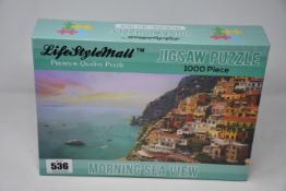 Five boxed as new Morning Sea View 1000 piece LifeStyleMall jigsaw puzzles (735 x 510mm).