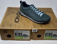 Two pairs of ladies boxed as new Oboz Bozeman Low Leather walking shoes in slate (UK 8).