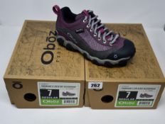 Two pairs of ladies boxed as new Oboz Firebrand II Low B-Dry waterproof walking shoes in lilac (UK