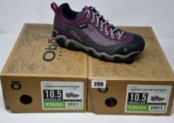 Two pairs of ladies boxed as new Oboz Firebrand II Low B-Dry waterproof walking shoes in lilac (UK