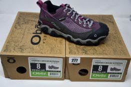 Two pairs of ladies boxed as new Oboz Firebrand II Low B-Dry waterproof walking shoes in lilac (UK