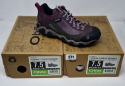 Two pairs of ladies boxed as new Oboz Firebrand II Low B-Dry waterproof walking shoes in lilac (UK
