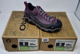Two pairs of ladies boxed as new Oboz Firebrand II Low B-Dry waterproof walking shoes in lilac (UK