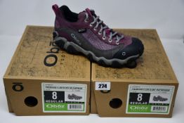 Two pairs of ladies boxed as new Oboz Firebrand II Low B-Dry waterproof walking shoes in lilac (UK