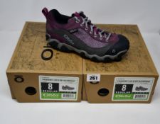 Two pairs of ladies boxed as new Oboz Firebrand II Low B-Dry waterproof walking shoes in lilac (UK