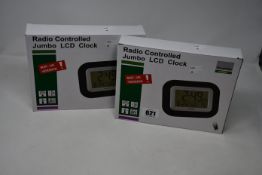 Six boxed as new Youshiko Radio Controlled Jumbo LCD Clock (YC8021).