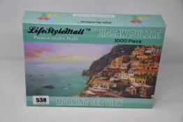 Five boxed as new Morning Sea View 1000 piece LifeStyleMall jigsaw puzzles (735 x 510mm).