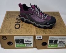 Two pairs of ladies boxed as new Oboz Firebrand II Low B-Dry waterproof walking shoes in lilac (UK
