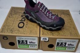 Two pairs of ladies boxed as new Oboz Firebrand II Low B-Dry waterproof walking shoes in lilac (UK