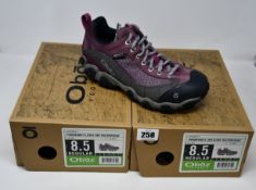 Two pairs of ladies boxed as new Oboz Firebrand II Low B-Dry waterproof walking shoes in lilac (UK