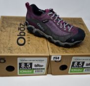 Two pairs of ladies boxed as new Oboz Firebrand II Low B-Dry waterproof walking shoes in lilac (UK