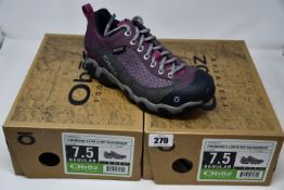 Two pairs of ladies boxed as new Oboz Firebrand II Low B-Dry waterproof walking shoes in lilac (UK