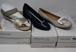 Three pairs of as new Geox footwear; Annya heel (UK 2.5), Anya flat (UK 7) and Sand Vega (UK 7).