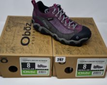 Two pairs of ladies boxed as new Oboz Firebrand II Low B-Dry waterproof walking shoes in lilac (UK