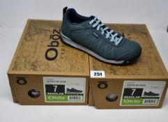 Two pairs of ladies boxed as new Oboz Bozeman Low Leather walking shoes in slate (UK 4.5).