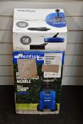 One boxed Nilfisk C 120.7 Compact Pressure Washer with Compact Patio Short Fixed Brush.