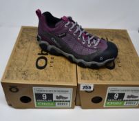 Two pairs of ladies boxed as new Oboz Firebrand II Low B-Dry waterproof walking shoes in lilac (UK