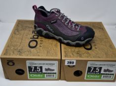 Two pairs of ladies boxed as new Oboz Firebrand II Low B-Dry waterproof walking shoes in lilac (UK