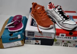 Three pairs of as new Skechers footwear; On The Go Goga Mat (UK 5), Bobs Sport Bobs Squad Tough Talk