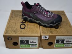 Two pairs of ladies boxed as new Oboz Firebrand II Low B-Dry waterproof walking shoes in lilac (UK