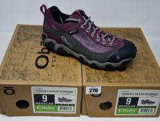 Two pairs of ladies boxed as new Oboz Firebrand II Low B-Dry waterproof walking shoes in lilac (UK