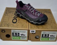 Two pairs of ladies boxed as new Oboz Firebrand II Low B-Dry waterproof walking shoes in lilac (UK