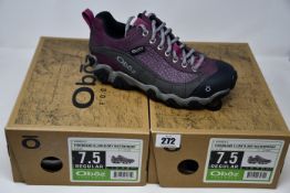 Two pairs of ladies boxed as new Oboz Firebrand II Low B-Dry waterproof walking shoes in lilac (UK