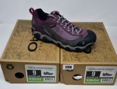 Two pairs of ladies boxed as new Oboz Firebrand II Low B-Dry waterproof walking shoes in lilac (UK