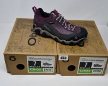 Two pairs of ladies boxed as new Oboz Firebrand II Low B-Dry waterproof walking shoes in lilac (UK