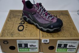 Two pairs of ladies boxed as new Oboz Firebrand II Low B-Dry waterproof walking shoes in lilac (UK
