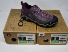 Two pairs of ladies boxed as new Oboz Firebrand II Low B-Dry waterproof walking shoes in lilac (UK