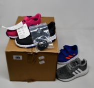 Five pairs of children's Adidas trainers; two pairs of Swift Run 1 (K8.5, 9.5), Alta Sport CF 1 (