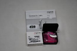 A boxed as new Signia Contrast S+ hearing aid in silver.