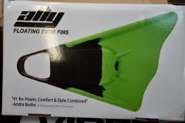 A pair of Ally Floating Swim Fins in black and purple (XL), a pair of MS Viper Swim Fins in grey and