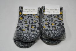 Ten pairs of as new Somerville Leopard slipper socks in grey/yellow (One size - RRP £20 each).