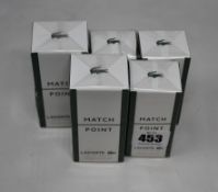 Five boxed as new Lacoste Match Point eau de toilette (2 x 50ml, 3 x 30ml).