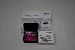 A boxed as new Signia Contrast S+ hearing aid in silver.
