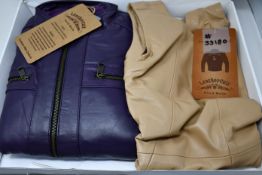 Two items of women's as new LeatherCult clothing; a jacket in purple and a dress in natural (No