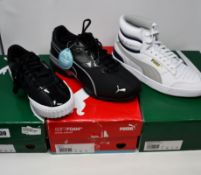 Three pairs of as new Puma trainers; Cali Patent (UK 5), Tazon 6 (UK 9) and Ralph Sampson Mid (UK