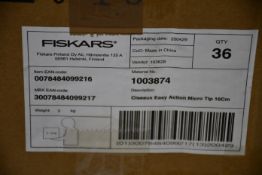 Thirty three pairs of boxed as new Fiskars Easy Action, Micro-Tip, Soft Grip scissors (16cm).